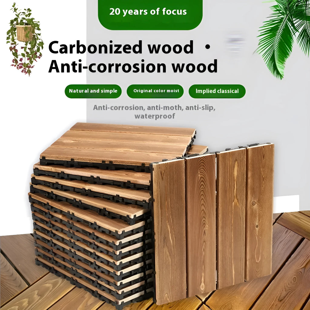 Set of four square camphor pine wood flooring tiles with a modern grain, measuring 30x30cm.