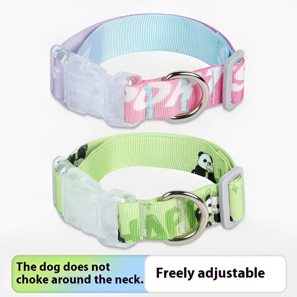 Adjustable nylon dog collar with gradient cartoon printing in Panda Green colour showing size adjustment mechanism