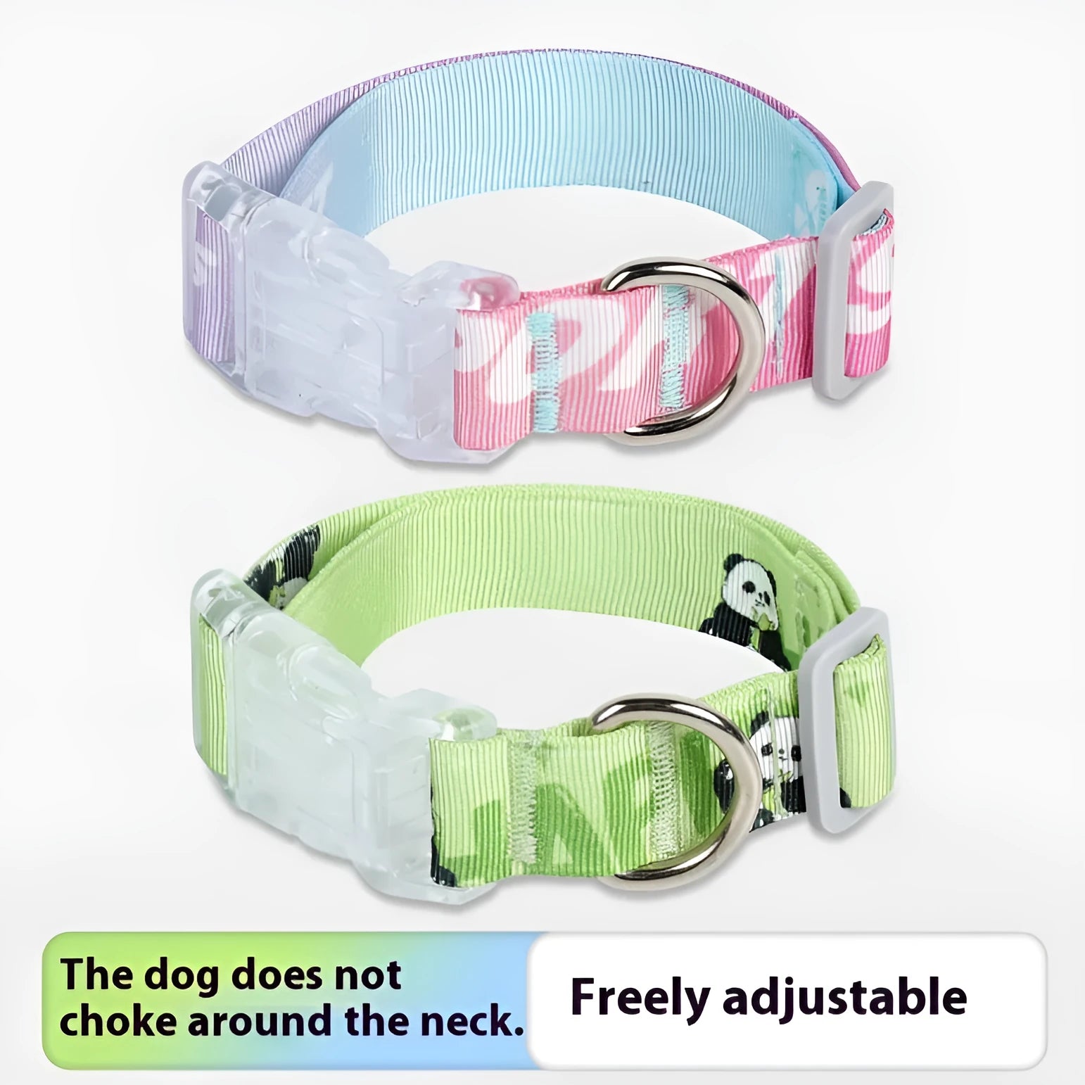 Adjustable nylon dog collar with gradient cartoon printing in Panda Green colour showing size adjustment mechanism
