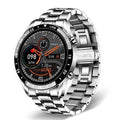 Smart watch with stainless steel wristband showing 1.3 inch screen, available in black or silver colour