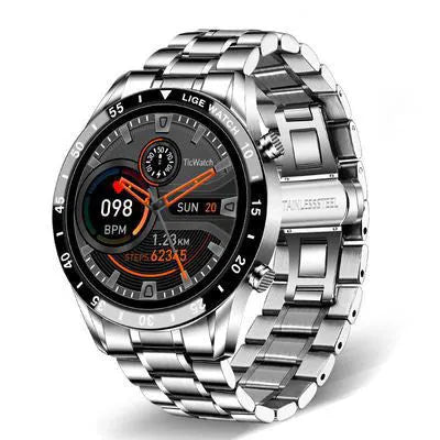 Smart watch with stainless steel wristband showing 1.3 inch screen, available in black or silver colour