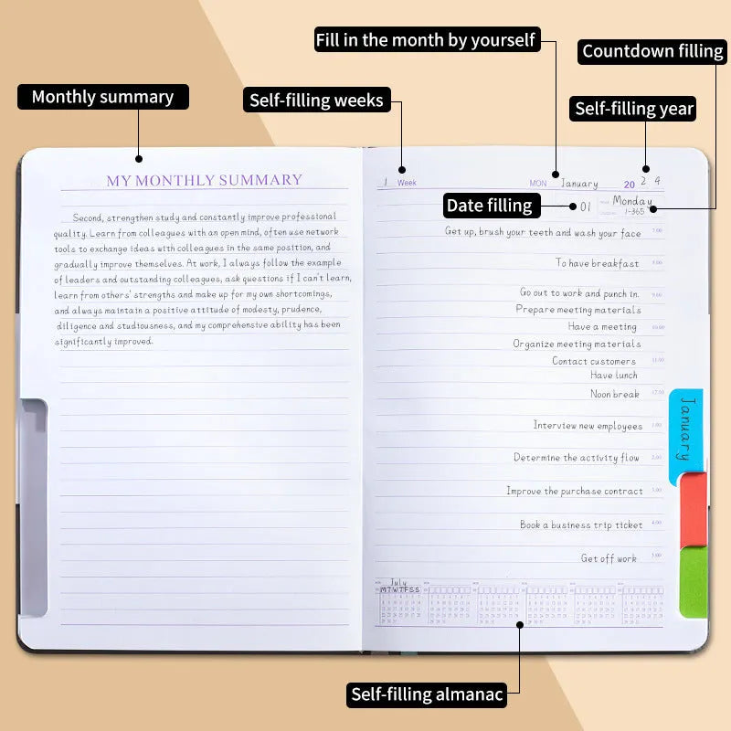 No date strap notebook with PU leather cover open to show 80g wood-free paper and thread binding