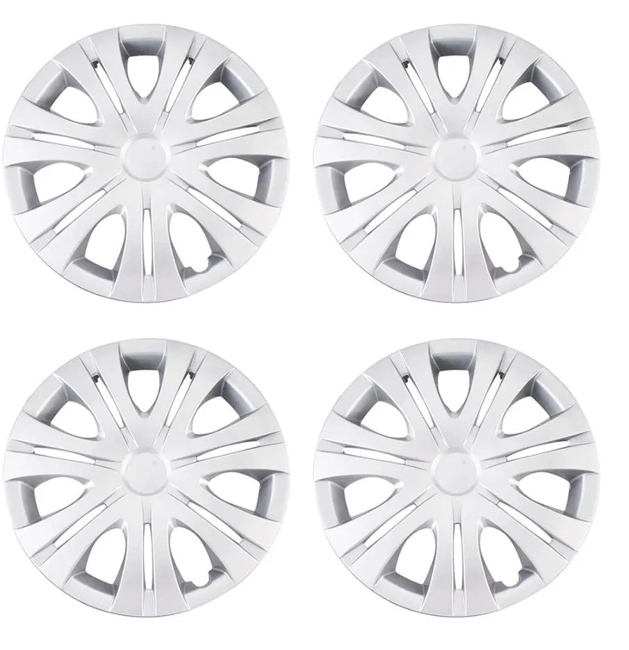 Universal monochrome ABS plastic wheel hub cover in silver finish for a car alloy wheel.