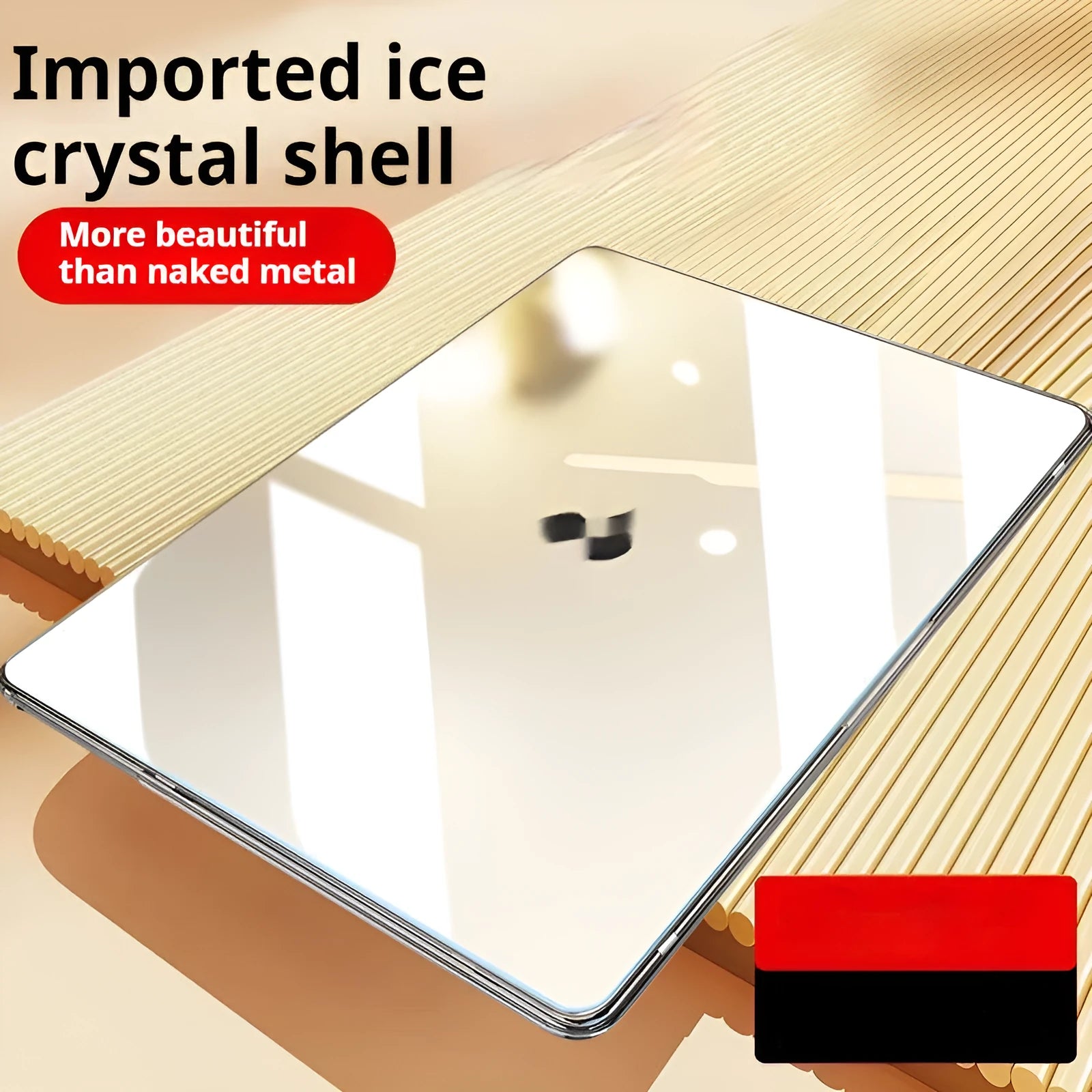 Clear plastic hard protective shell case for a MacBook Pro laptop on a table