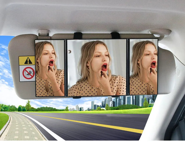 Silver car folding makeup mirror shown both closed and open positions