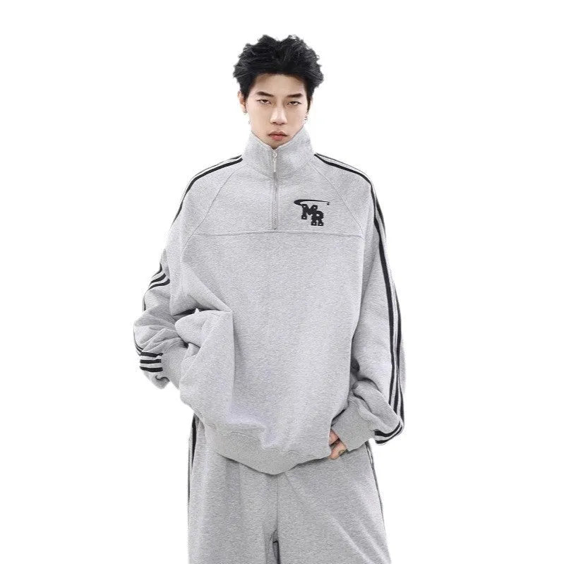 Black Hong Kong style retro sports sweatshirt with stand collar and long sleeves
