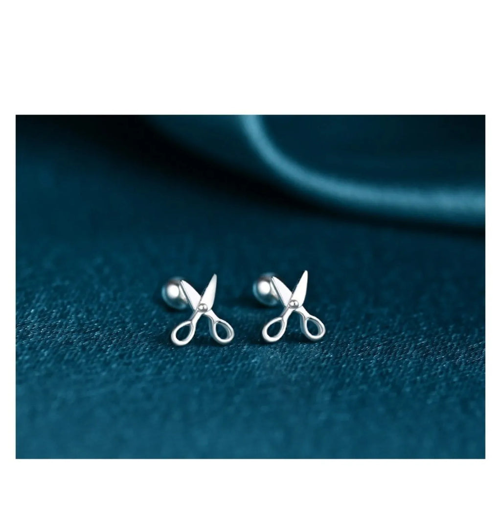 Pure silver screw ear nail earrings with miniature scissors pattern