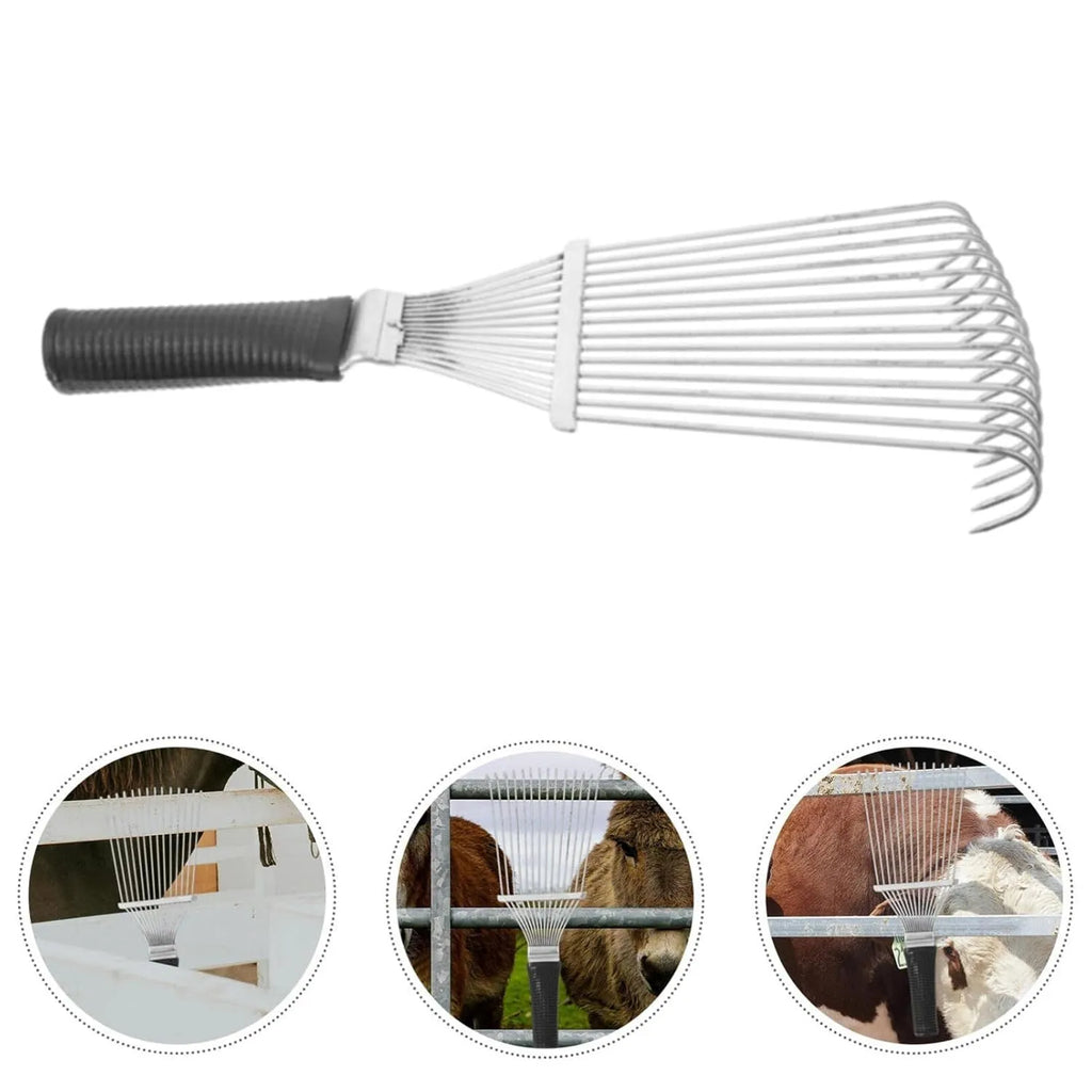 Black stainless steel horse grooming rake with metal comb teeth, measuring 33 cm long.