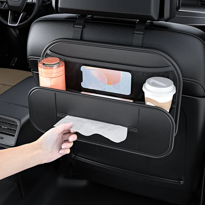 Black leather car seat rear storage bag with dimensions 36cm by 8cm by 24cm