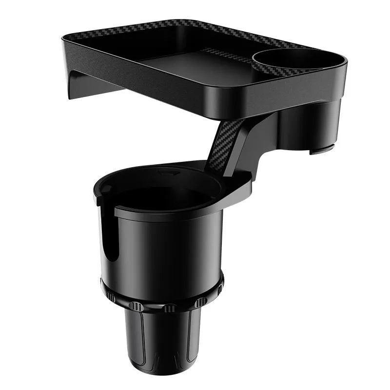 Black rotating car tray holder with detachable plate mounted in vehicle cup holder