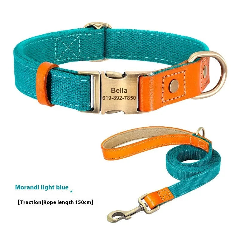 Small dog mohair collar and matching traction rope in Mo Landi green with lettering.