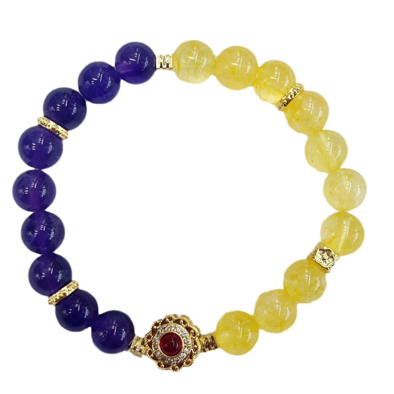 Handmade yellow and purple crystal bracelet with amethyst accents for women, adjustable 18-20cm length