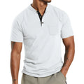 Plus size man wearing a short sleeve solid colour shirt with a button pocket on the sleeve.