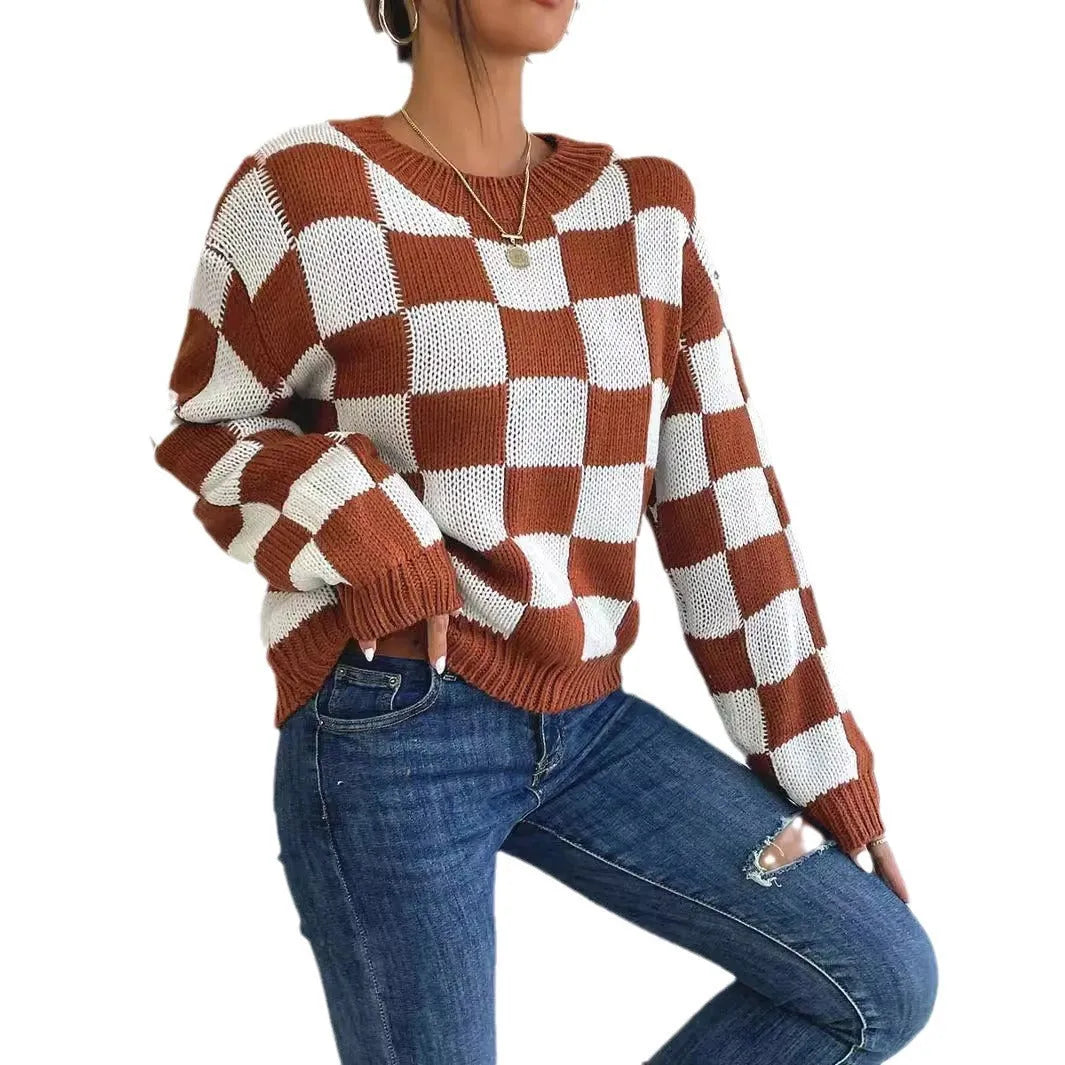 Dark brown plaid pattern loose fit acrylic pullover sweater with round neck and long sleeves