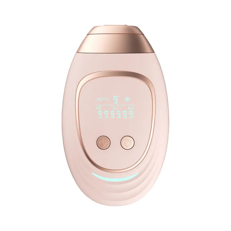 Pink and white three-in-one laser hair removal device with ice-sensing technology and accessories