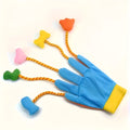 Yellow and blue plush Magic Glove cat toy with trailing tail and integrated bell