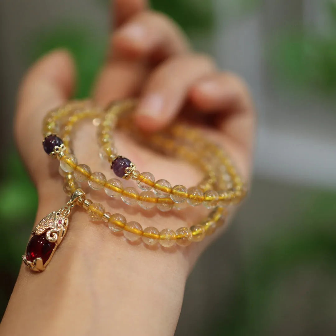 Natural Brazil gold rutilated quartz bracelet with three rings and hanging chopsticks in Chinese style