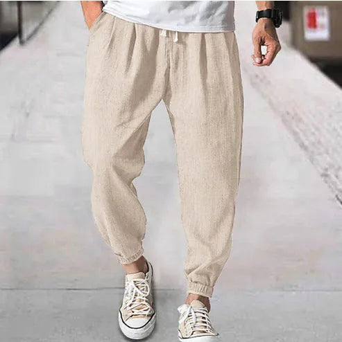 Men's loose fit cotton ankle banded casual pants in light green colour