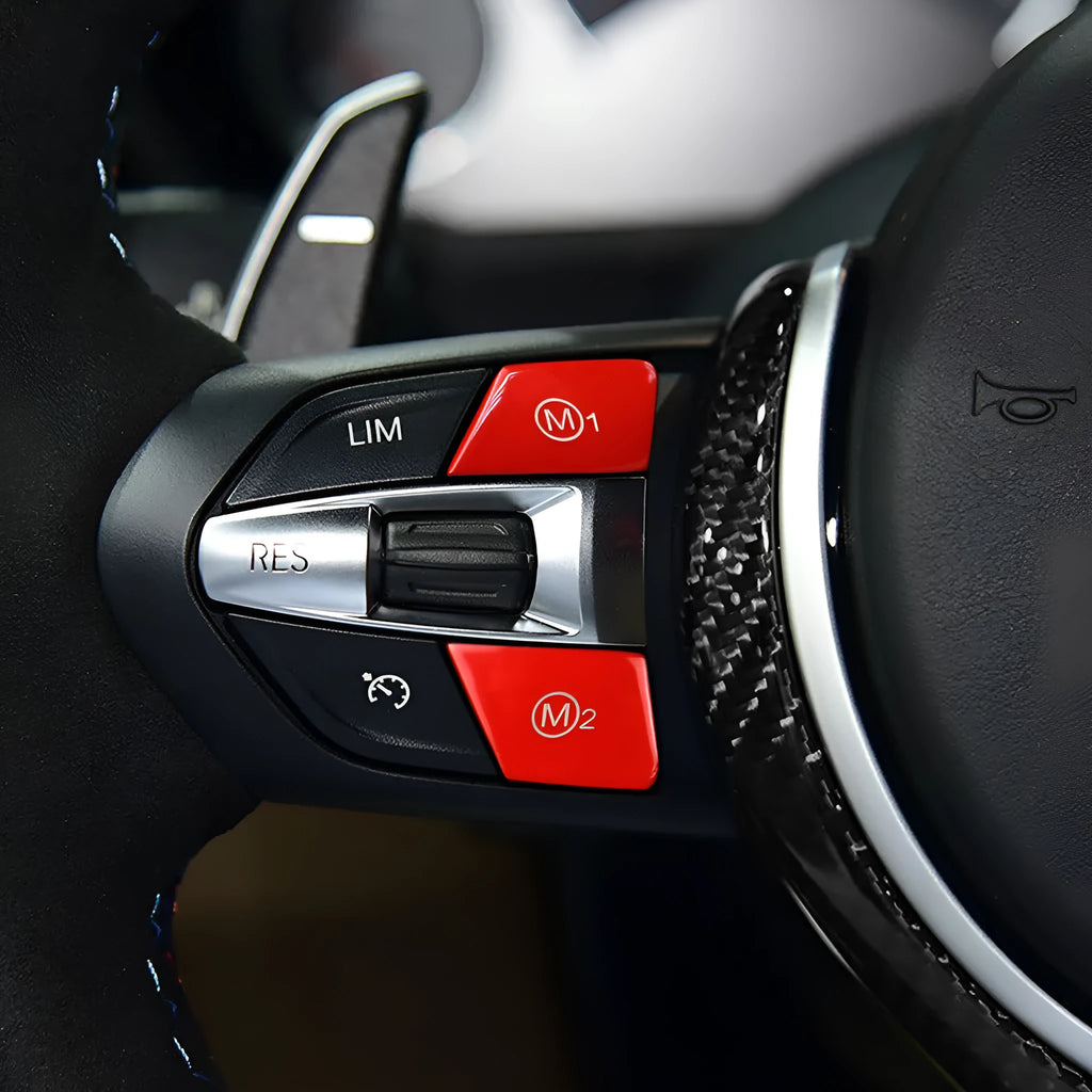 BMW steering wheel M1 M2 button accessories in red and blue colours with installation keys
