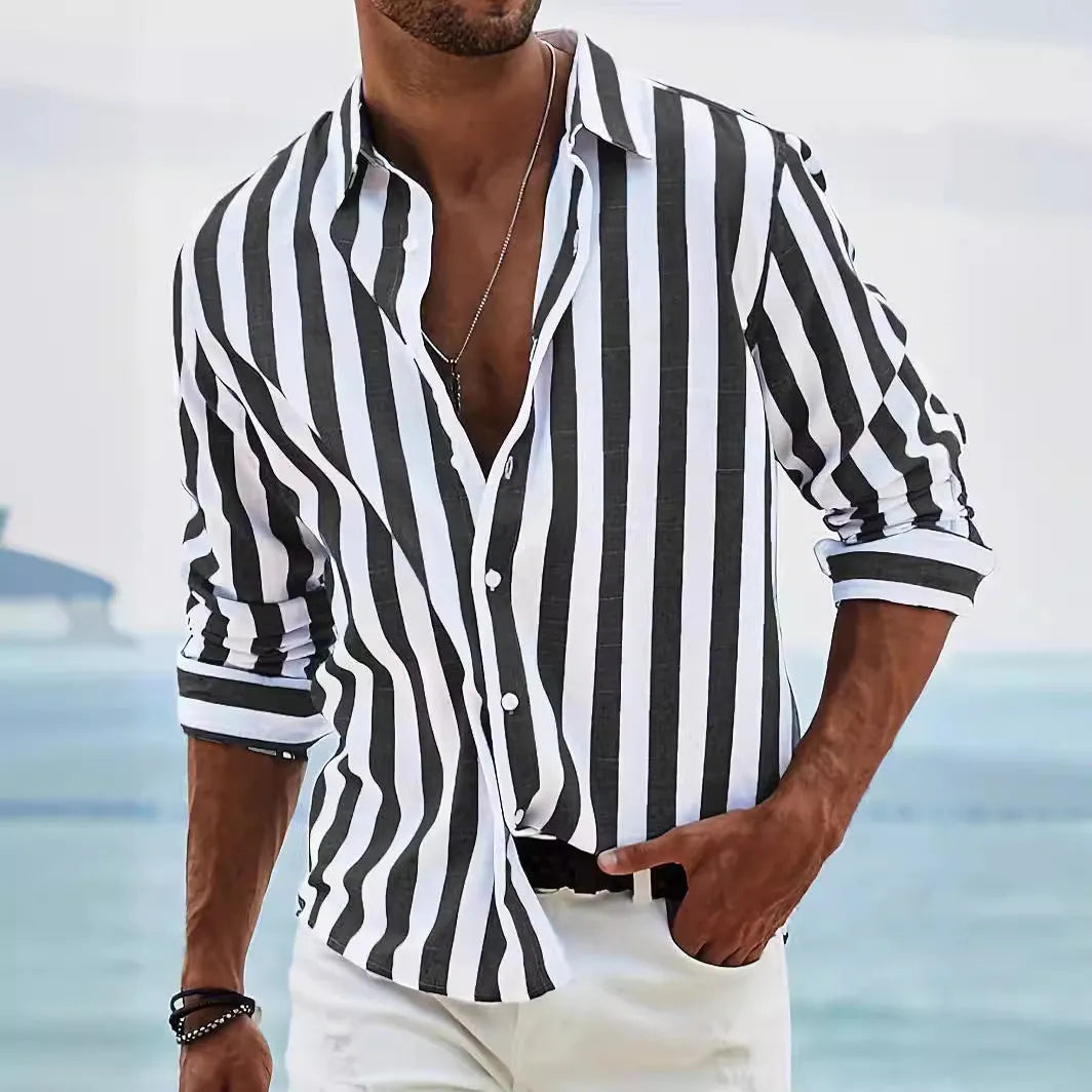 Men's yarn-dyed striped loose long-sleeved shirt in cardigan style with six colour options