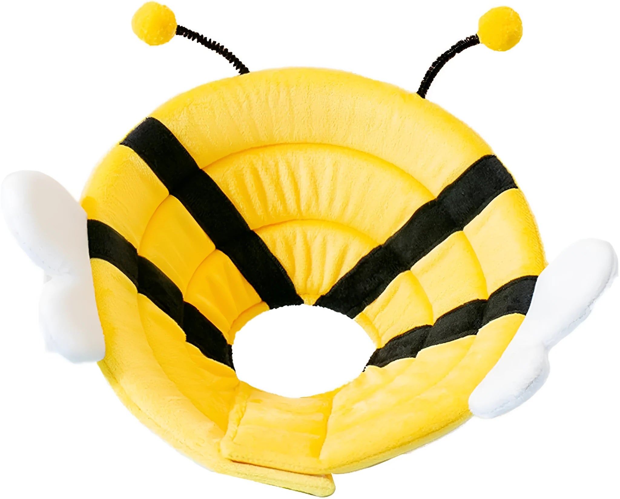 Soft cat cone collar with bee design showing Velcro closure and adjustable sizing