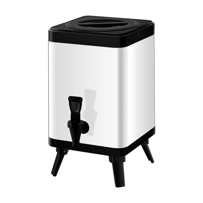 Square silver stainless steel milk tea bucket with locking lid, 8-litre capacity.