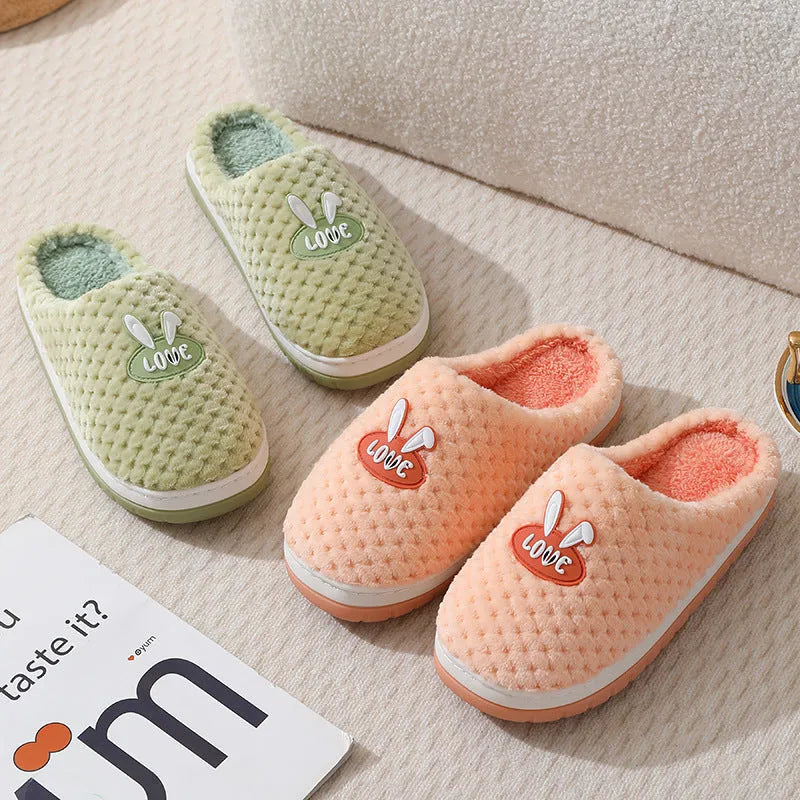 Women's rabbit plaid design artificial fur house slippers with thick non-slip rubber sole