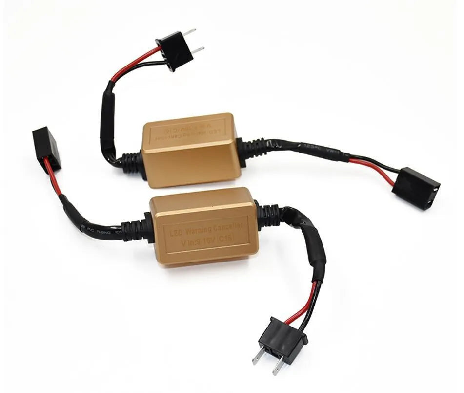 Black alloy automotive Canbus decoder for LED headlight bulbs on a white background.