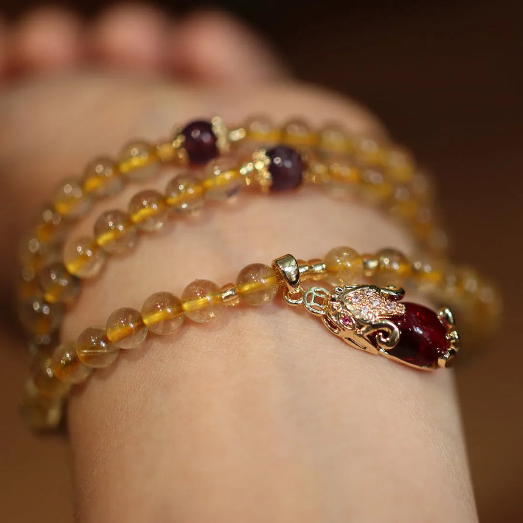 Natural Brazil gold rutilated quartz bracelet with three rings and hanging chopsticks in Chinese style