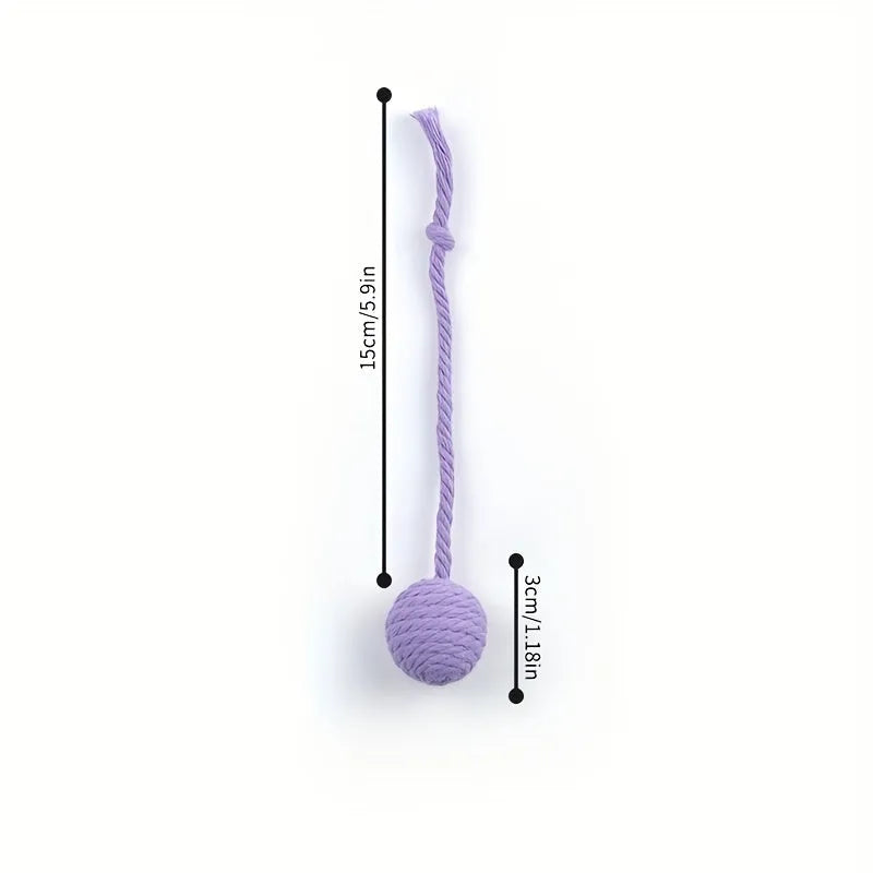 Cat toy ball with rope and bell inside in green, pink, purple, and yellow colours
