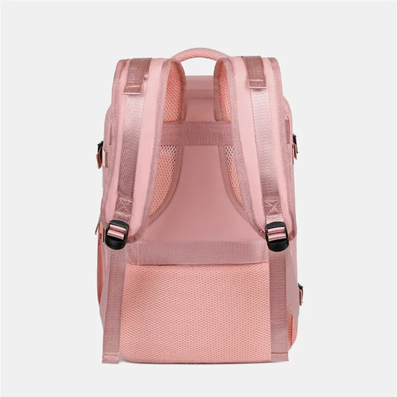 Purple women's travel backpack with multiple compartments and air pillow belt system