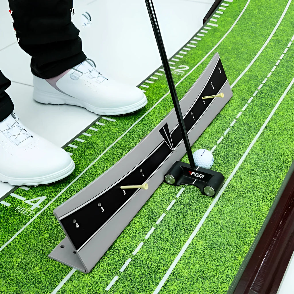 Adjustable golf putter balance simulator made of white PVC with a central training guide.