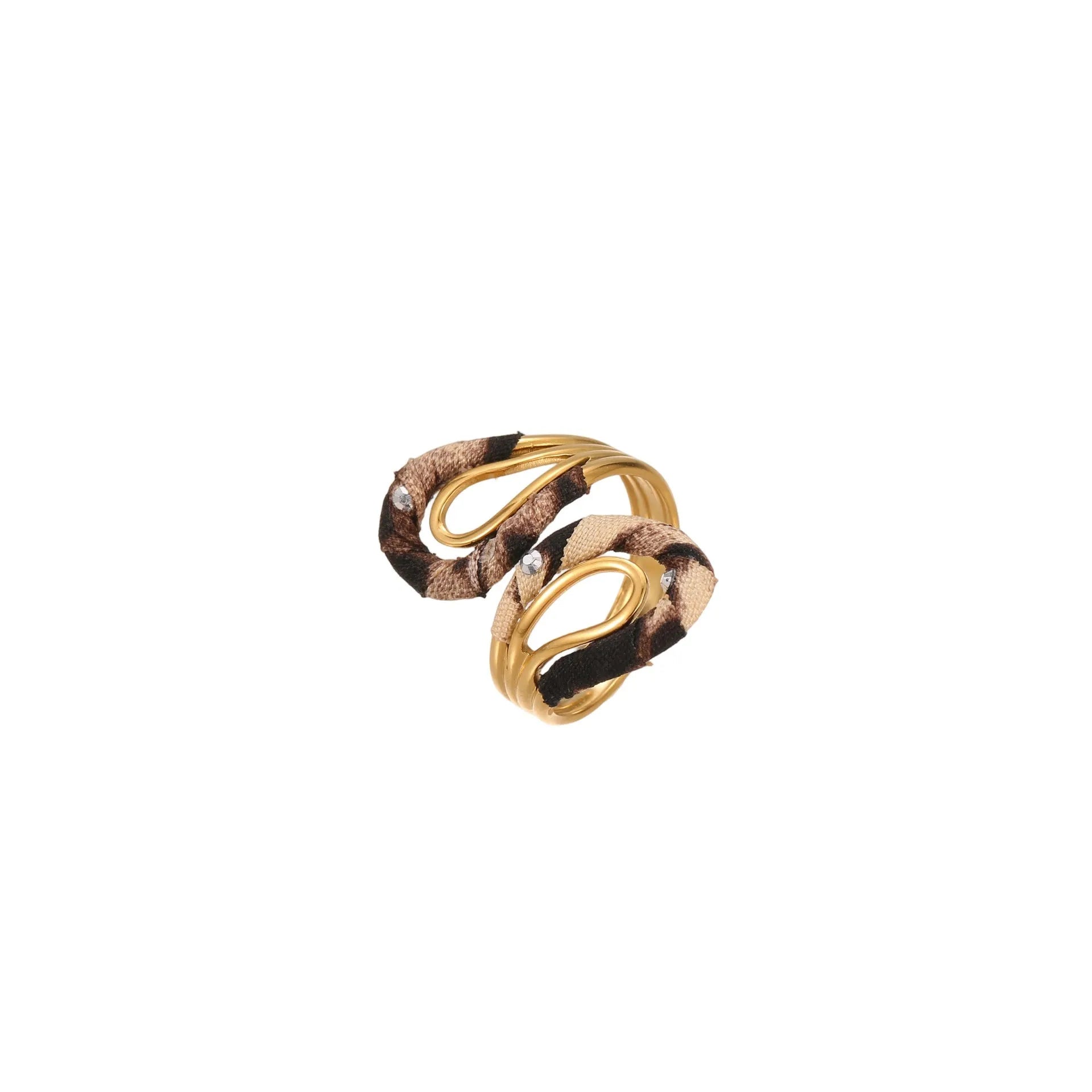 Leopard print geometric open mouth ring on a finger, showing heart shape and adjustable stainless steel band.