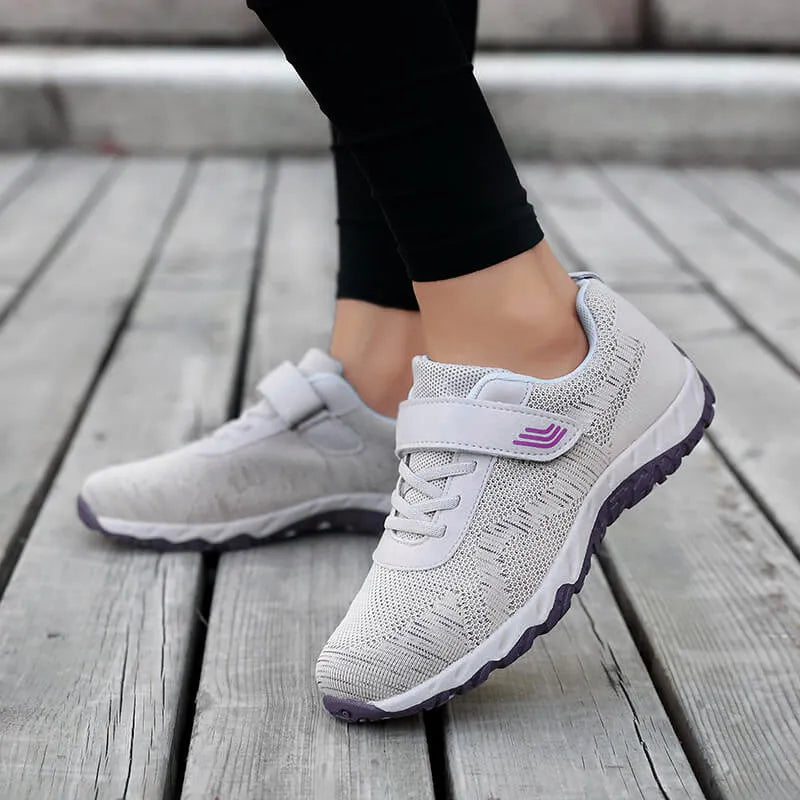 Women's solid color mesh wedge shoes with velcro strap and 3-5cm heel in Gray Purple or Black Rose Red