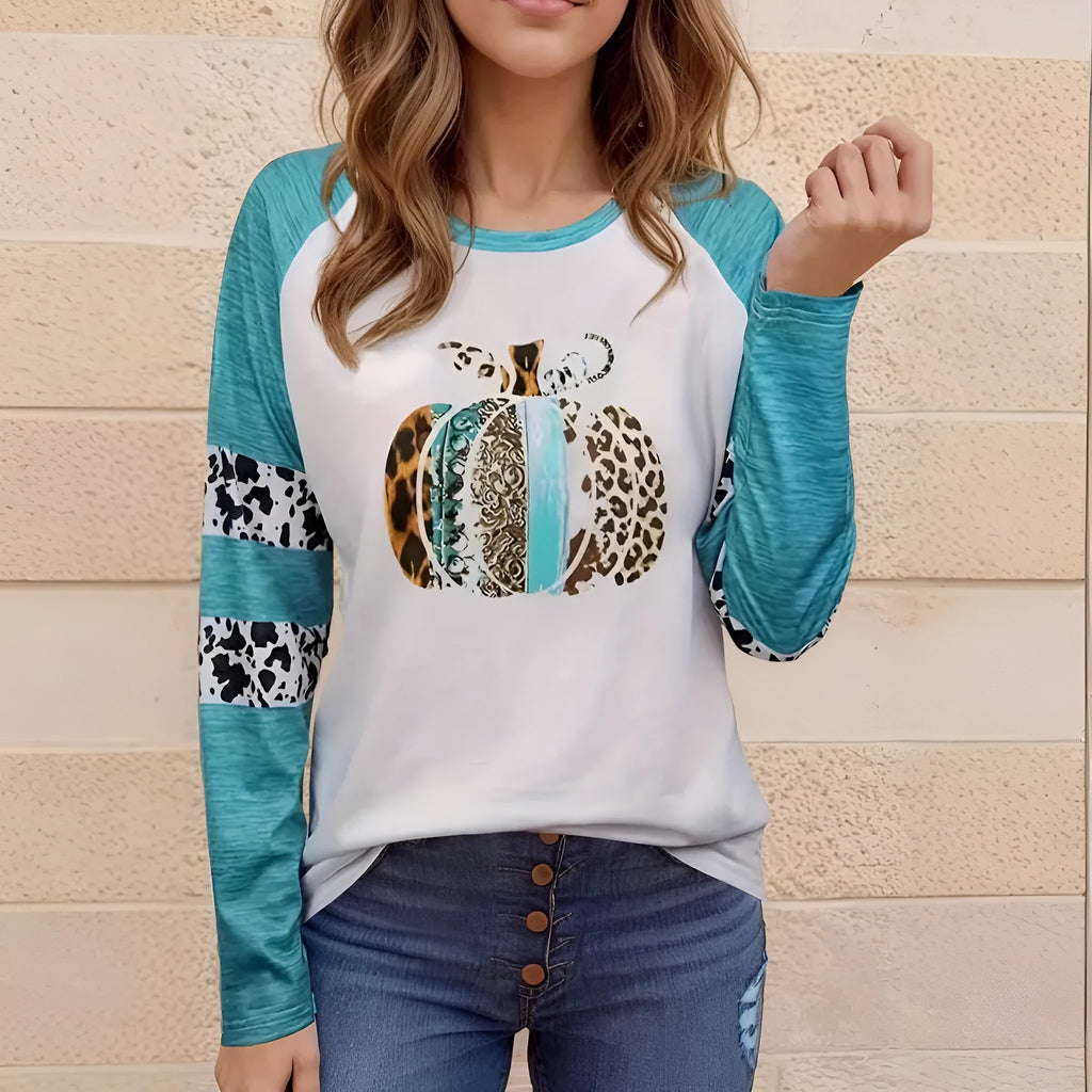 Sky blue Halloween pumpkin 3D print casual T-shirt with long sleeves and polyester fabric