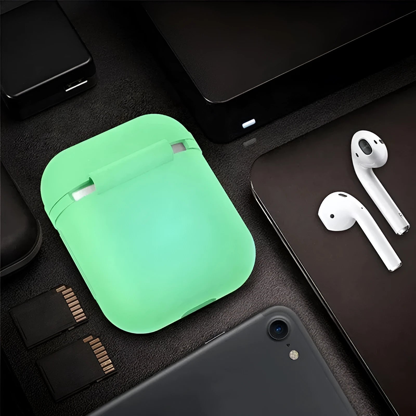 Luminous silicone flip protective case for AirPods showing flip-open design