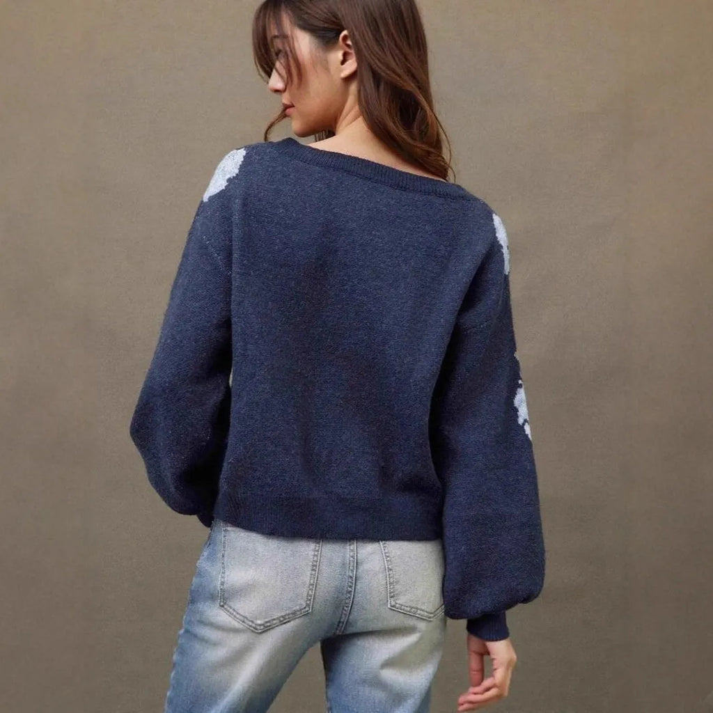 Sapphire blue women's pullover top with flower jacquard pattern and off neck design
