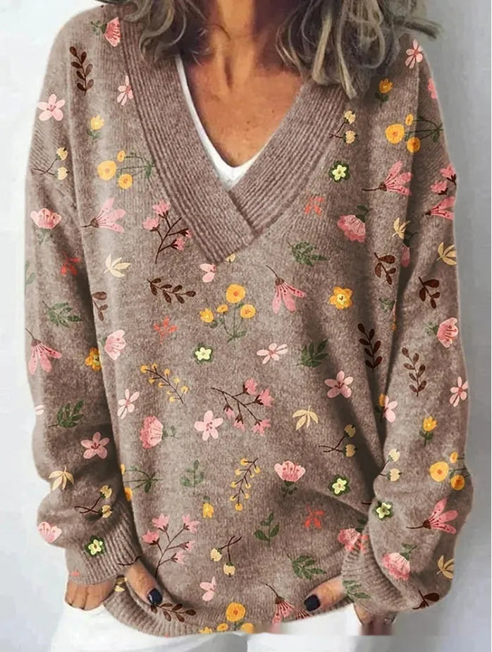 Women's V-neck long sleeve sweatshirt with a full-coverage 3D floral printed pattern in an art retro style.