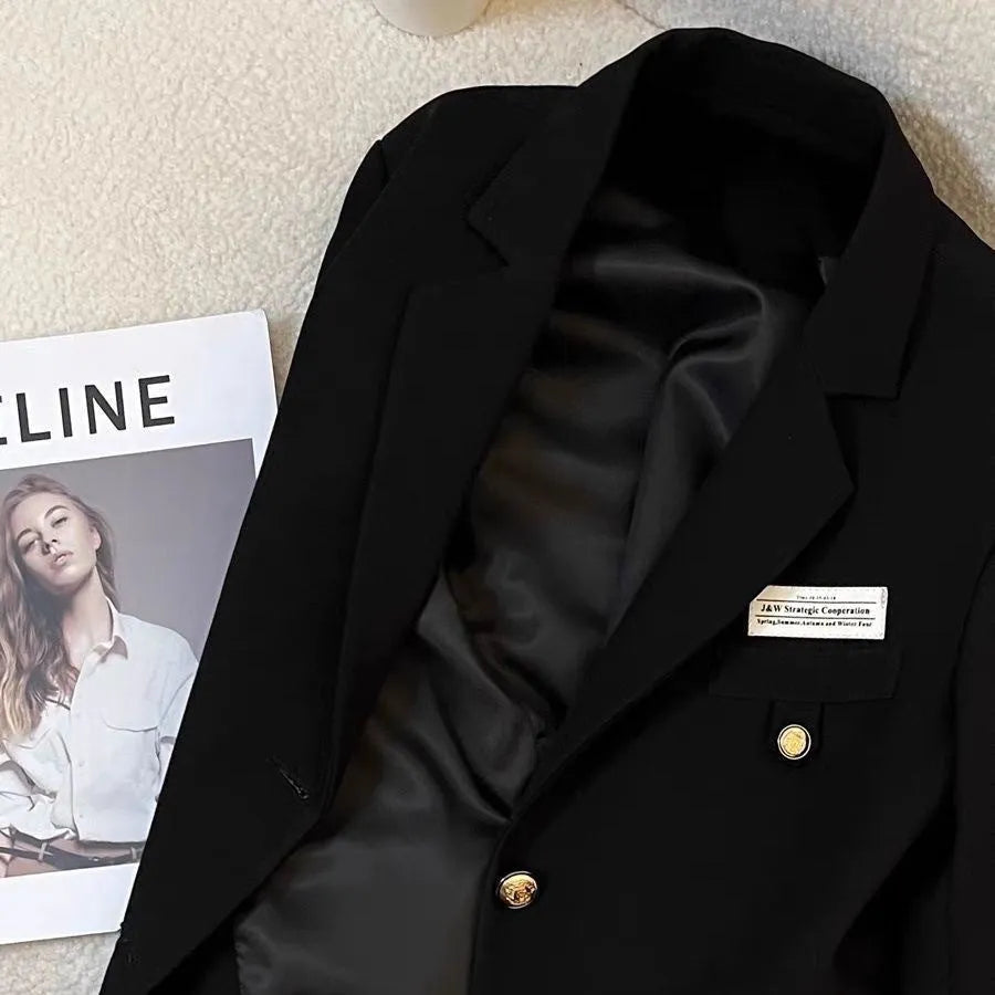 Black women's suit coat with long sleeves and loose fit, 50cm length