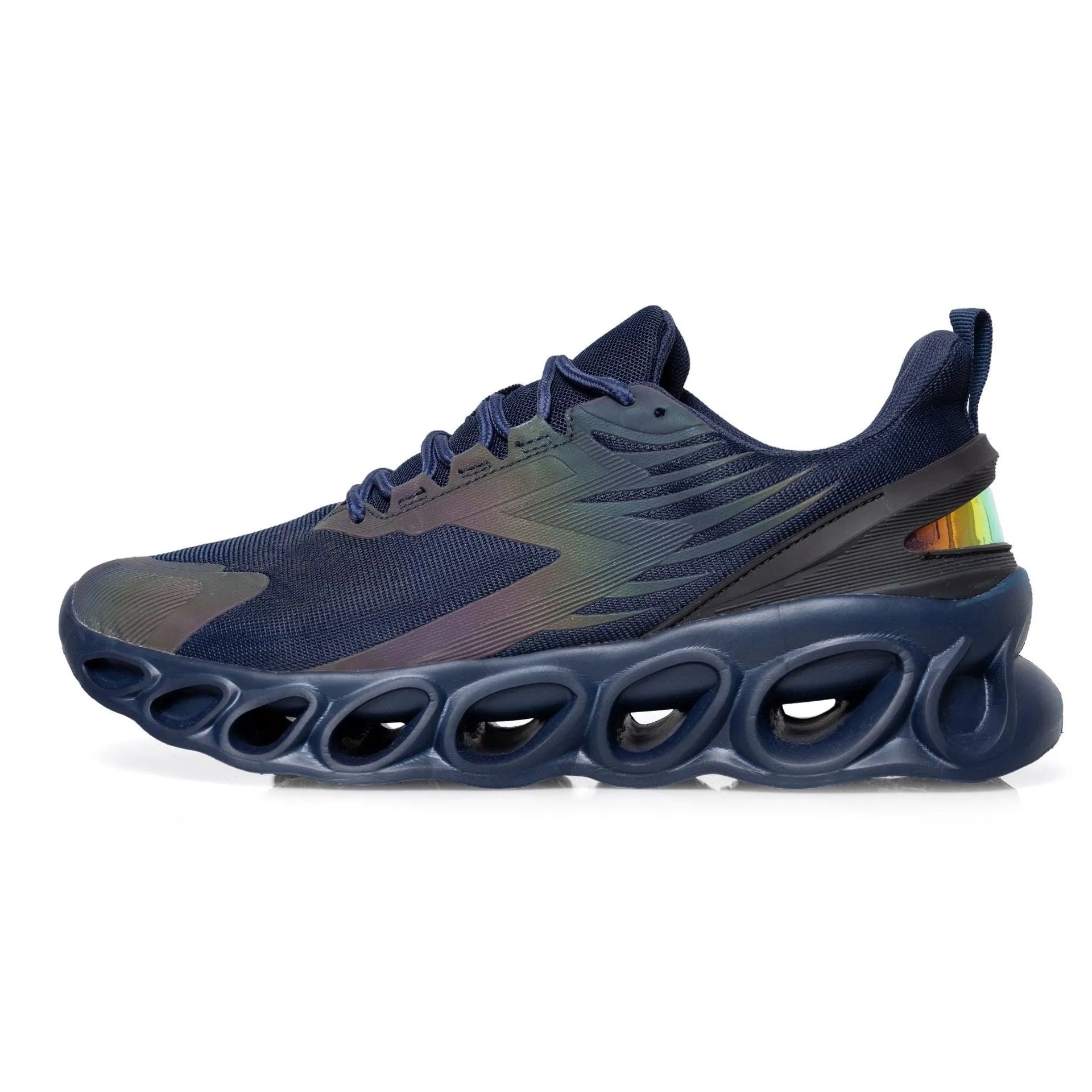 Men's casual mesh sports shoes in black, white, or dark blue with lace-up closure and round toe