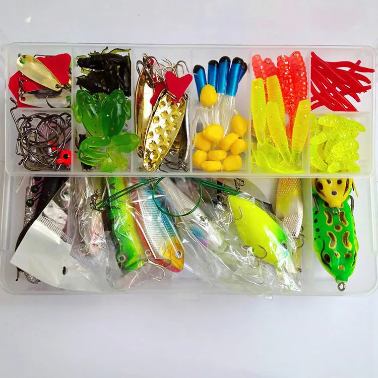 142-piece fishing lure set with hard mino sequins, metal lures, plastic bait, and fishing pliers