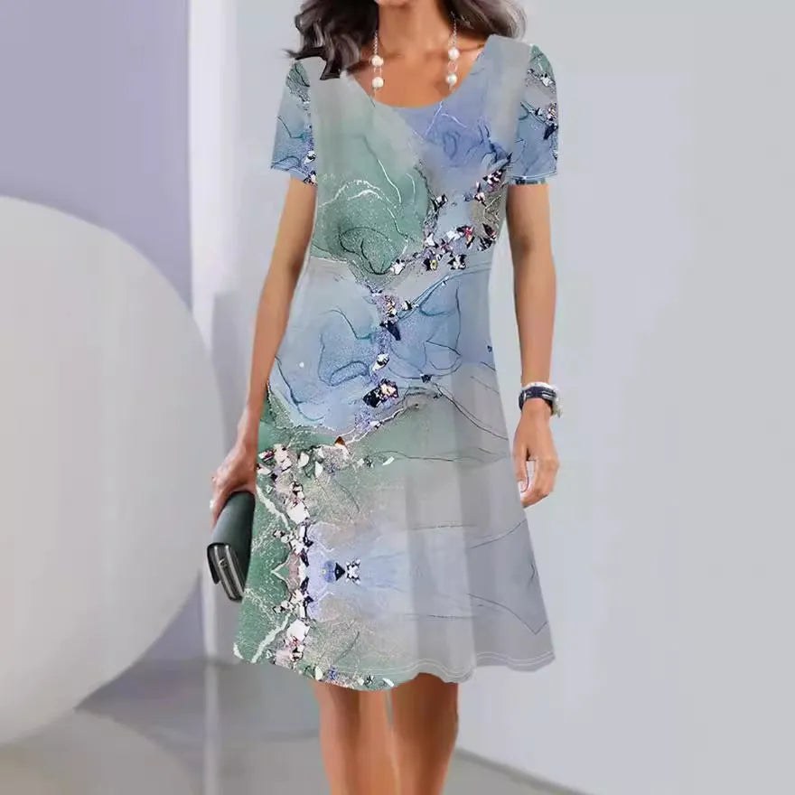 Women's floral print mid-length dress with short sleeves and A-line skirt in ice silk fabric