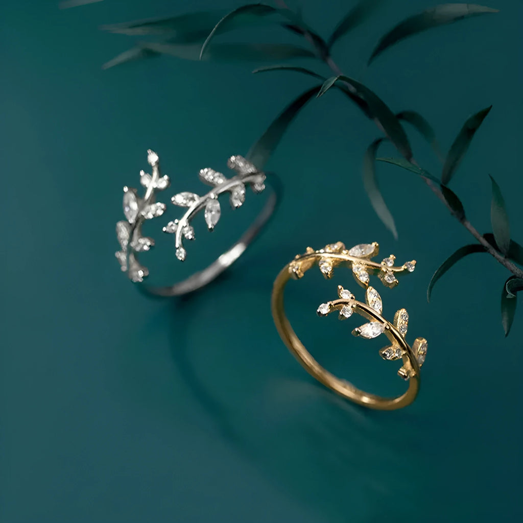 Women's geometric leaf branch ring in electroplated copper with silver or gold finish options