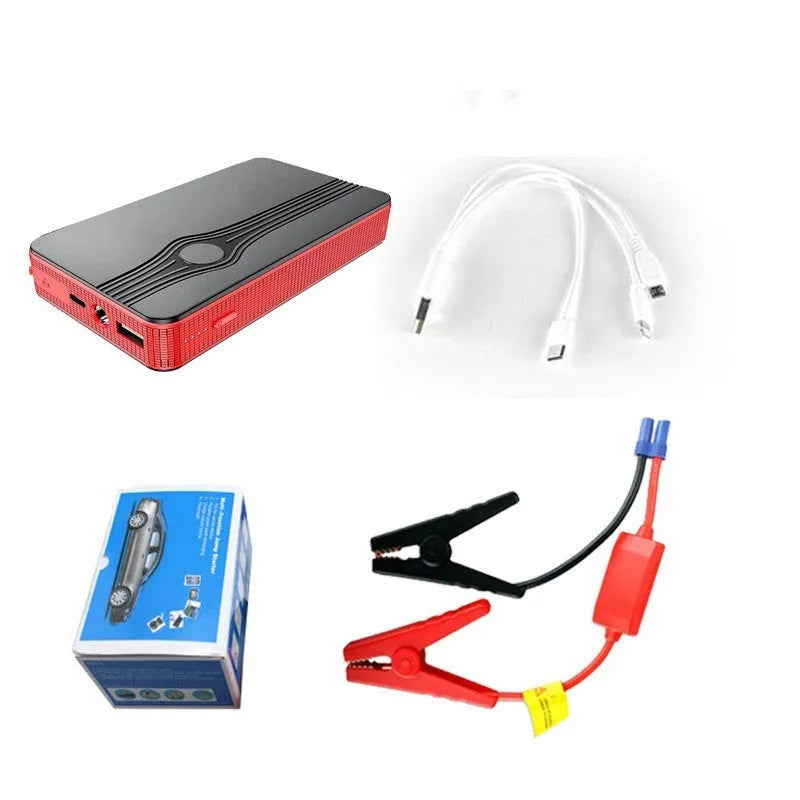 Red K4-E automobile emergency starting power supply unit with display, shown with data cable.