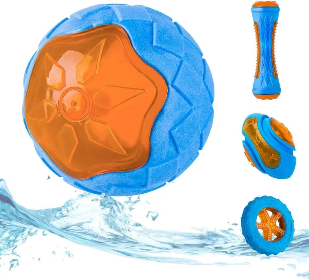 Set of three TPR floating squeaky dog toys: a red ball, blue barbell, and orange tyre with bumpy textures.