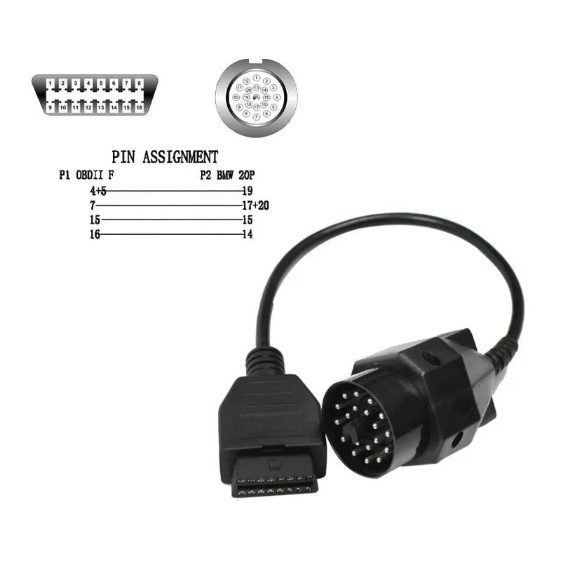 BMW OBD2 diagnostic adapter cable showing 20-pin and 16-pin OBD2 connectors