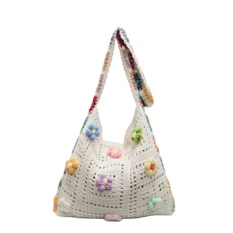 Women's large capacity woven hollow beach bag, polyester, in khaki with single shoulder strap