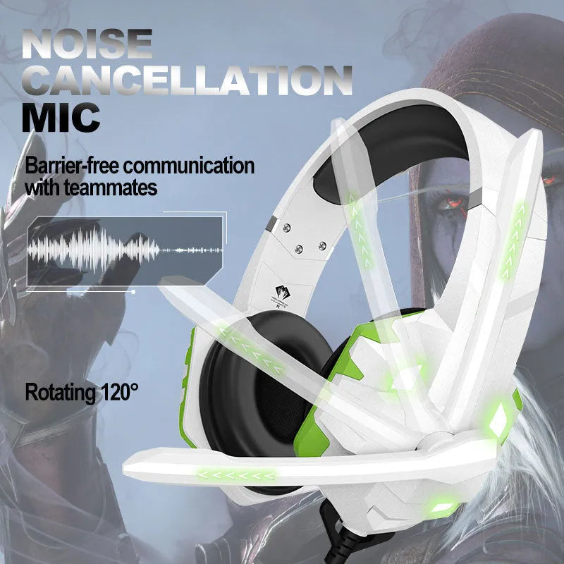 Wired gaming headset with microphone and rainbow breathing lights in blue colour with 3.5mm plug