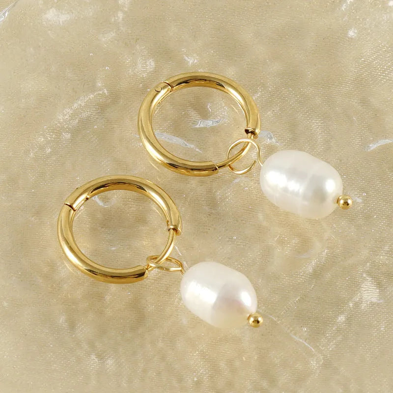 Geometric gold pearl earrings with stainless steel and titanium steel construction for women