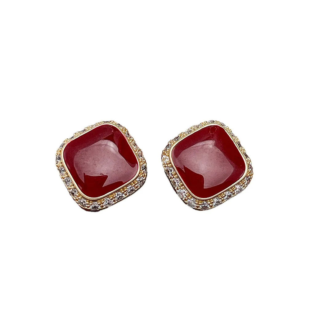 Red square geometric alloy earrings for women with retro plate finish